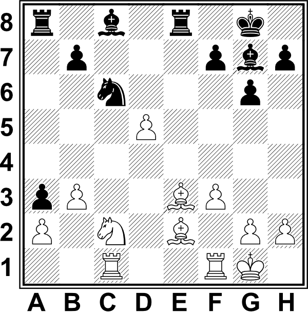 Białe: Kg1, Wc1, Wf1, Ge2, Ge3, Sc2, a2, b3, d5, f3, g2, h2. Czarne: Kf8, Wa8, We8, Gc8, Gg7, Sc6, a3, b7, f7, g6, h7