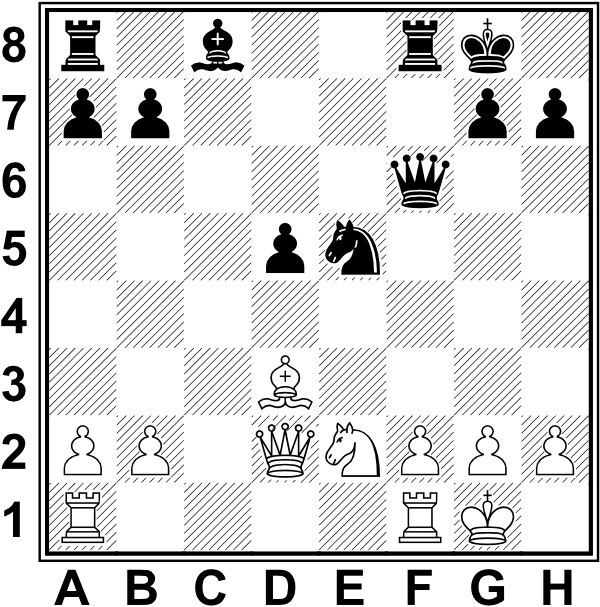 Białe: Kg1, Hd2, Wa1, Wf1, Gd3, Se2, a2, b2, f2, g2, h2. Czarne: Kg8, Hf6, W18, Wf8, Gc8, Se5, a7, b7, d5, g7, h7