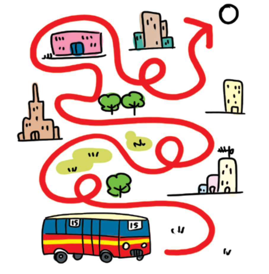 Rysunek autobusu z wyznaczoną trasą do celu
