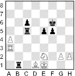 Białe: Ke1, Wa3, Gd1, Se2, a4, g2, h2.            Czarne: Kf6, Wb1, Wc5, c6, e5, f5