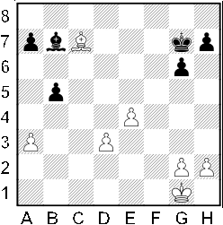 Białe: Kg1, Gc7, a3, d3, e4, h2. Czarne: Kg7, Gb7, a7, b5, g6, h7