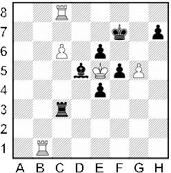 Białe: c6, g5, Wb1, Wc8, Ke5. Czarne: e4, e6, f5, h7, Gd5, Wc3, Kf7