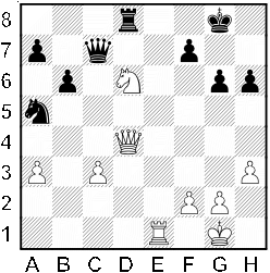 Białe: a3, c3, f2, g2, h3, Sd6, We1, Hd4, Kg1. Czarne: a7, b6, f7, g6, h6, Sa4, Wd8, Hc7, Kg8