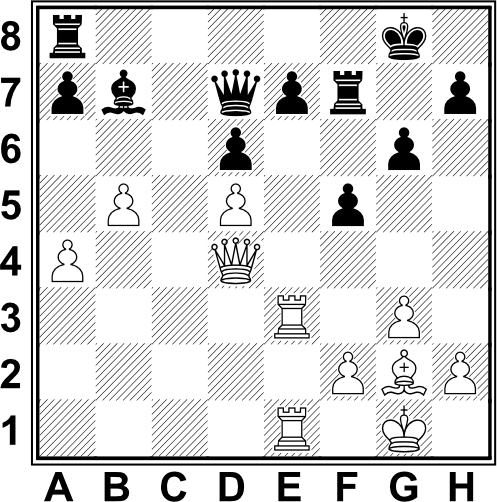 Białe: Kg1, hd4, We1, We3, Gg2, a4, b5, d5, f2, g3, h2. Czarne: Kg8, Hd7, Wa8, Wf7, Gb7, a8, d6, e7, f5, g6, h7