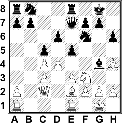Białe: Kg1, Hc2, Wa1, We1, Ge2, Gh4, Sf3, a2, C3, c4, d4, e3, f2, g2, h2. Czarne: Kg8, He7, Wa8, We8, Gg4, Sb8, Sf6, a7, b7, c5, d6, e5, f7, g7, h6