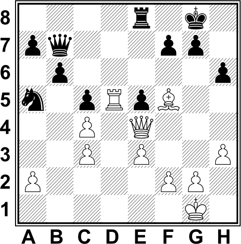 Białe: Kg1, He4, Wd5, Gf5, a2, c2, c3, e3, f2, g2, h3. Czarne: Kg8, Hb7, We8, Sa5, a7, b6, c5, e5, f7, g7, h6