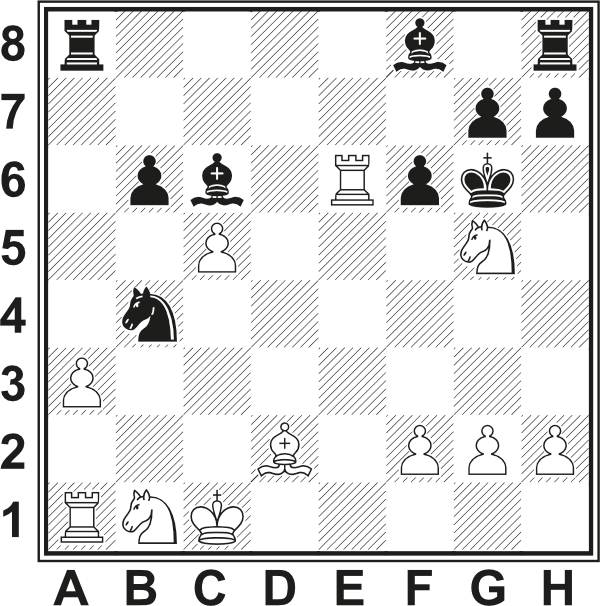 Białe: Kc1, Wa1, We6, Gd2, Sb1, Sg5, a3, c5, f2, g2, h2. Czarne: Kg6, Wa8, Wh8, Gc6, Gf8, Sb4, b6, f6, g7, h7