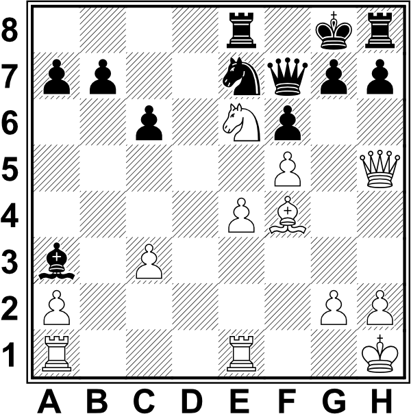 Białe: Kh1, Hh5, Wa1, We1, Gf4, Se6, a2, c3, e4, f5, g2, h2. Czarne: Kg8, Hf7, We8, Wh8, Ga3, Se7, a7, b7, c6, f6, g7 h7