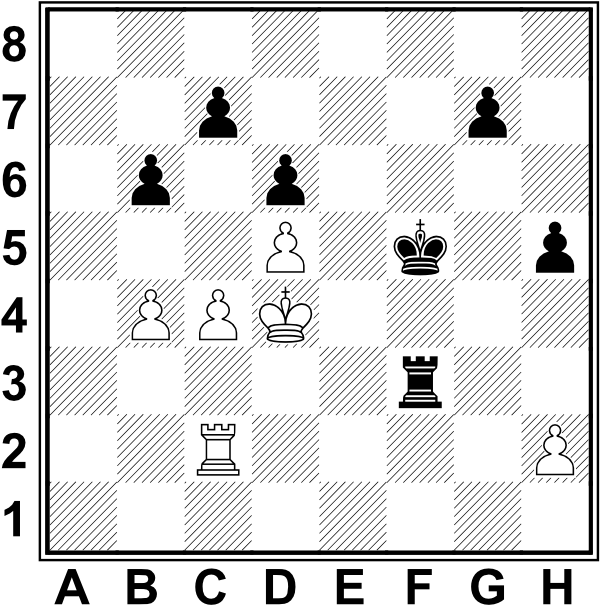 Białe: Kd4, Wc2, b4, c4, d5, h2. Czarne: Kf5, Wf3, b6, c7, d6, g7, h5