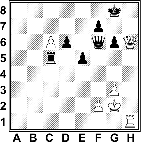 Białe: Kg2, Hh6, WH1, c6, f2, g3. Czarne: Kg8, Hf6, Wc5, d6, e5, f7, g6