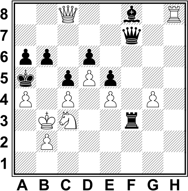 Białe: Kb3, Hc8, Wh8, Sc3, a4, b2, c4, d5, e4, g4, Czarne: Ka5, Hf7, Wf3, Gf8, a6, b6, c5, d6, e5