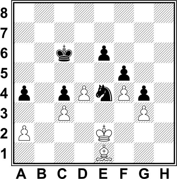 Białe: Ke2, Ge1, a2, c3, d4, f4, g3. Czarne: Kc6, Se4, a4, c4, e6, f5, g4