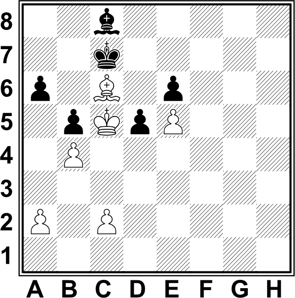 Białe: Kc5, Gc6, a2, b4, c2, e5, Kc7, Gc8, a6, b5, d5, e6