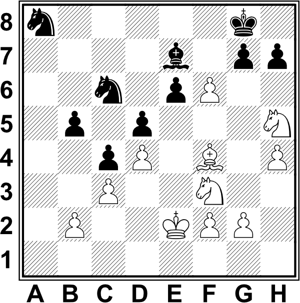 Białe: Ke2, Gf4, Sf3, Sh5, b2, c3, d4, f2, f6, g2, h4. Czarne: Kg8, Ge7, Sa8, Sc6, b5, c4, d5, e6, g7, h7