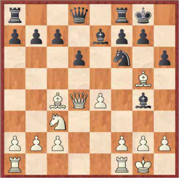 Białe: Kg1, Hd4, Wa1, Wf1, Gc4, Gg5, Sc3, a2, b2, c2, e4, f2, g2, h2. Czarne: Kg8, Hd8, Wa8, Wf8, Ge7, Gg4, Sf6, a7, b7, c7, d6, f7, g7, h6