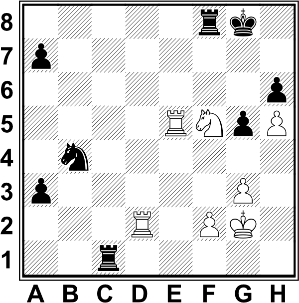Białe: Kg2, Wd2, We5, Sf5, f2, g3, h5, Czarne: Kg8, Wc1, Wf8, Sb4, A7, A3, g5, H6 