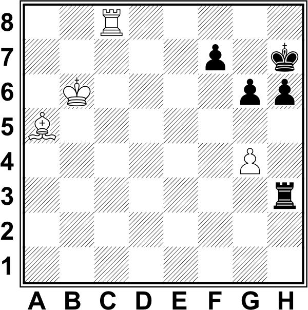 Białe: Kb6, Wc8, Ga5, g4. Czarne: Kh7, Wh3, f7, g6, h6
