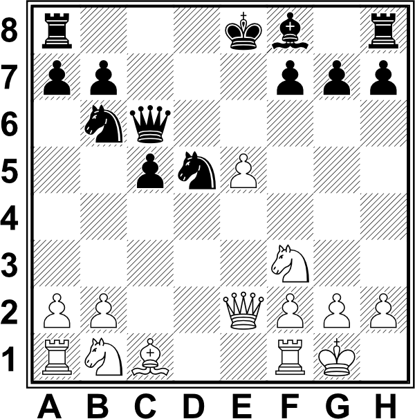 Białe: Kg1, He2, Wa1, Wf1, Gg1, Sb1, Sf3, a2, b2, e6, f2, g2, h2. Czarne: Ke8, Hc6, Wa8, Wh8, Gf8, Sb6, Sd5, a7, b7, c5, f7, g7, h7