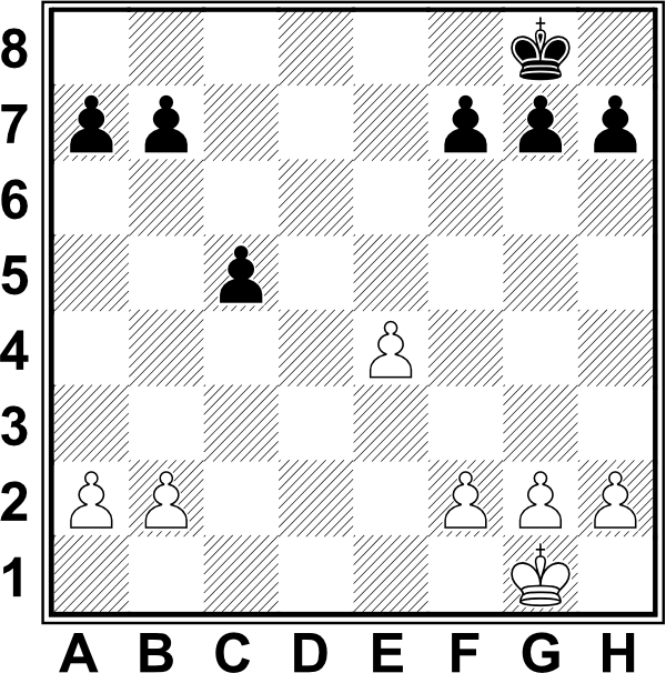 Białe: Kg1, a2, b2, e5, f2, g2, h2. Czarne: Kg8, a7, b7, c5, f7, g7, h7