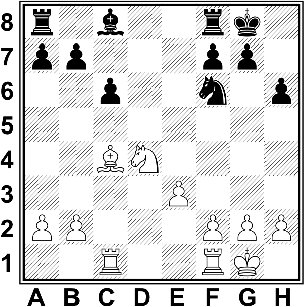 Białe: Kg1, Wc1, Wf1, Gc4, Sd4, a2, b2, e3, f2, g2, h2. Czarne: Kg8, Wa8, Wf8, Gc8, Sf6, a7, b7, c6, f7, g7, h6