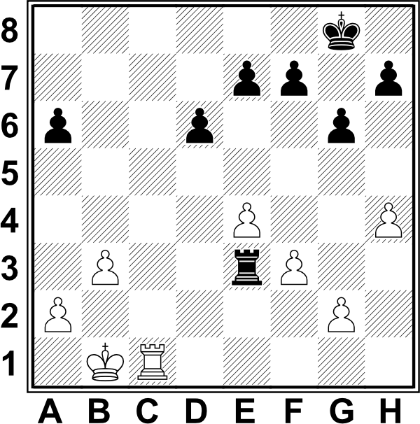 Białe: Kb1, Wc1, a2, b3, e4, f3, g2, h4. Czarne: Kg8, We3, a6, d6, e7, f7, g6, h7