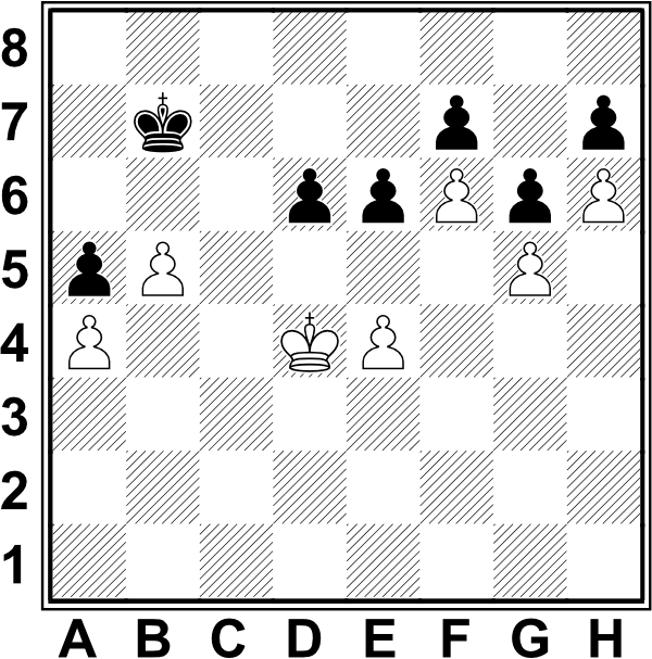 Białe: Kd4, a4, b5, e4, f6, g5, h6. Czarne: Kb7, a5, d6, f6, f7, g6, h7