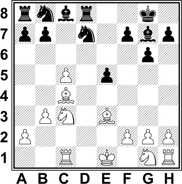 Białe: Ke1, Wc1, Wh1, Gc4, Ge3, Sc3, Sg1, a2, b3, c5, f2, g2, h2. Czarne: Kg8, Wa8, Wd8, Gc8, Gg7, Sb8, a7, b7, e5, f7, g6, h7