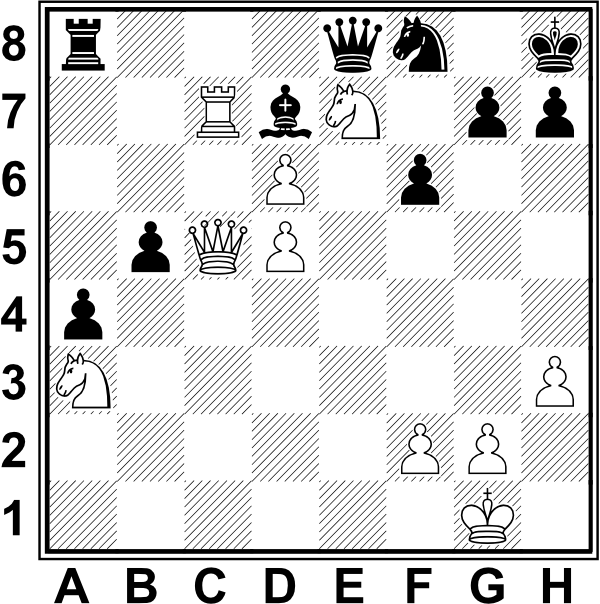 Białe: Kg1, Hc5, Wc7, Sa3, Se7, d5, d6, f2, g2, h3. Czarne: Kh8, He8, Wa8, Gd7, Sf8, a4, b5, f6, g7, h7