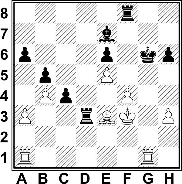 Białe: Kf3, Wa1, Wg1, Ge3, a3, b4, e5, f4, h3. Czarne: Kg6, Wd3, Wf8, Ge7, a6, b5, c4, e6, h6