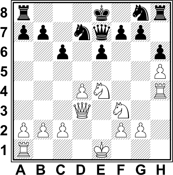 Białe: Ke1, Hd3, Wa1, Wh4, Se4, Sf3, a2, b2, c2, d4, f2, g2, h5. Czarne: Ke8, He7, Wa8, Wh8, Sd7, Sg8, a7, b7, c6, e6, f7, g7, h6