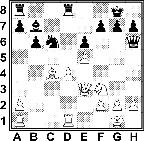 Białe: Kg1, He3, Wa1, Wd1, Gc4, Sf3, a2, d4, e5, f2, g2, h2. Czarne: Kg8, Hh6, Wa8, Wf8, Gb7, Sc6, a7, b6, e6, f7, g7, h7