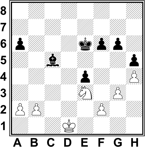 Białe: Kd1, Se3, a2, b2, f2, g3, h4; Czarne: Ke6, Gc5, a6, e4, f6, g6, h5