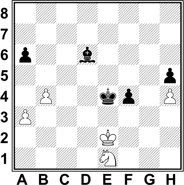 Białe: Ke2, Se1, a3, b4, h4; Czarne: Ke4, Gd6, a6, f4, h5
