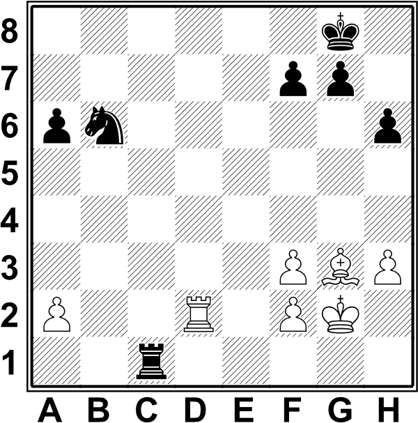 Białe: Kg2, Wd2, Gg3, a2, f2, f3, h3; Czarne: Kg8, Wc1, Sb6, a6, f7, g7, h6