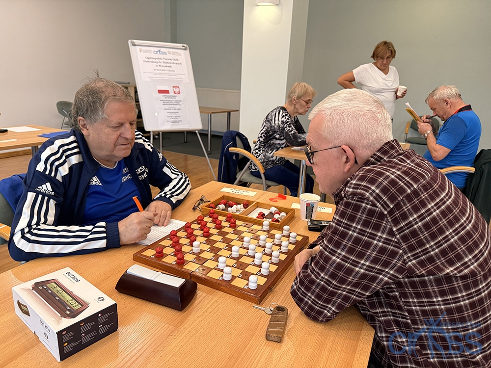 dw&oacute;ch mężczyzn w trakcie gry w warcaby